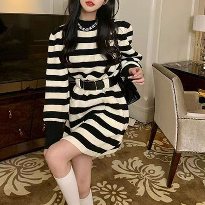 Autumn Winter Striped Knitted Dress Women Korean Fashion Double Pockets Short Dresses Ladies Casual Loose Long Sleeve Knit Dress