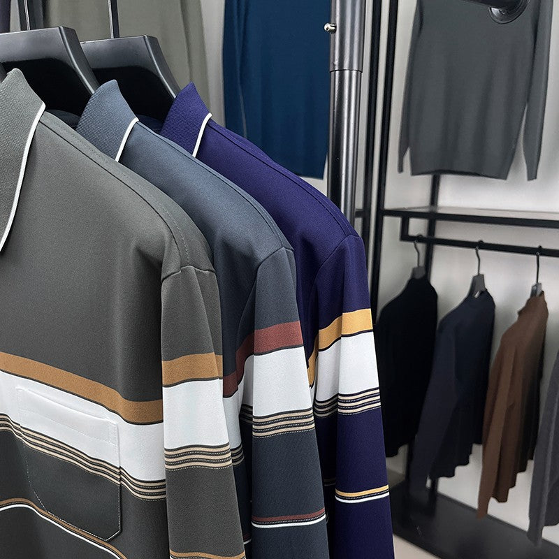High quality stripe men's long sleeve polo shirt fashion luxury pocket middle-aged business casual color blocked comfort T-shirt