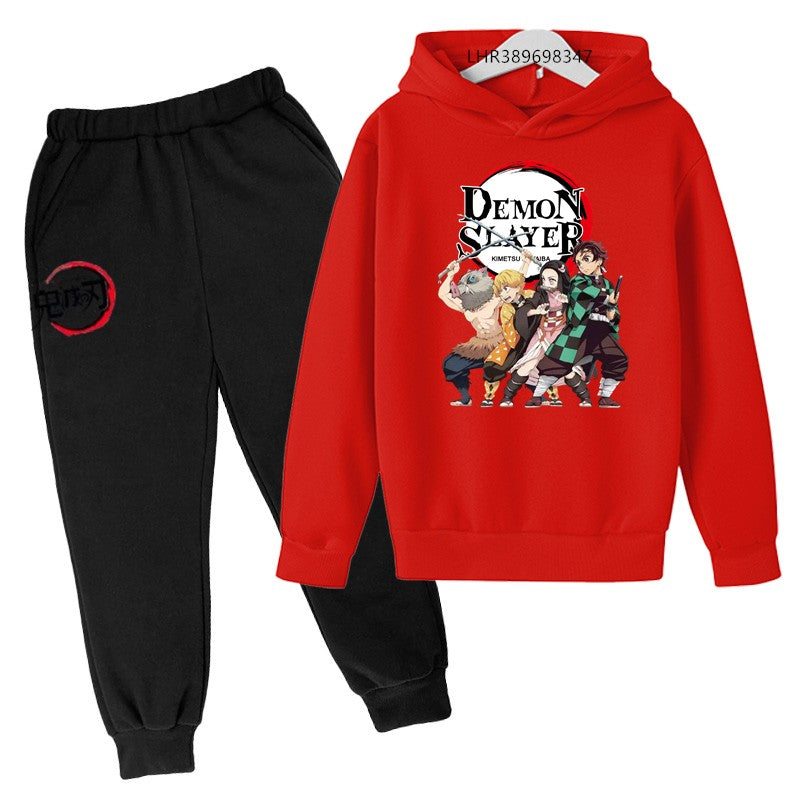 Anime Demon slaying ninja Suitable for children's hooded sweatshirt outerwear pants set autumn winter clothing for boys girls