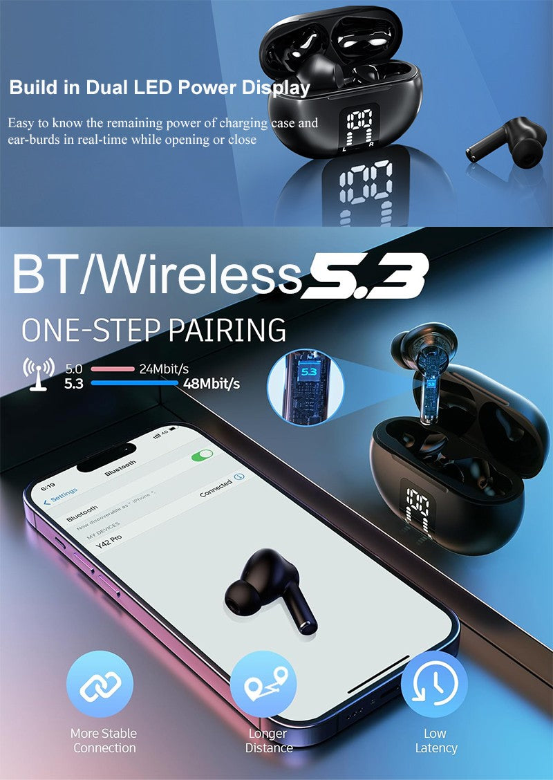 Fone de Ouvido Sem Fio Bluetooth 5.3 Headphone 60 Horas de Reprodução Display LED de Bateria Fones de Ouvido Microfone Cancelamento de Ruído Som Estéreo