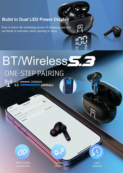Fone de Ouvido Sem Fio Bluetooth 5.3 Headphone 60 Horas de Reprodução Display LED de Bateria Fones de Ouvido Microfone Cancelamento de Ruído Som Estéreo