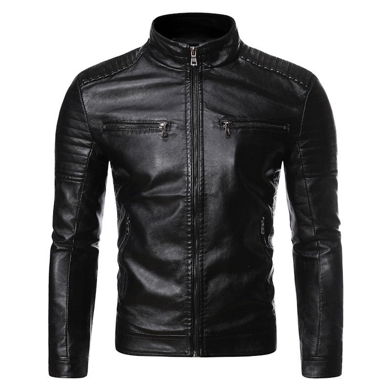 Men's leather jacket 2025 new spring and autumn thin style stand collar striped PU leather jacket motorcycle leather jacket