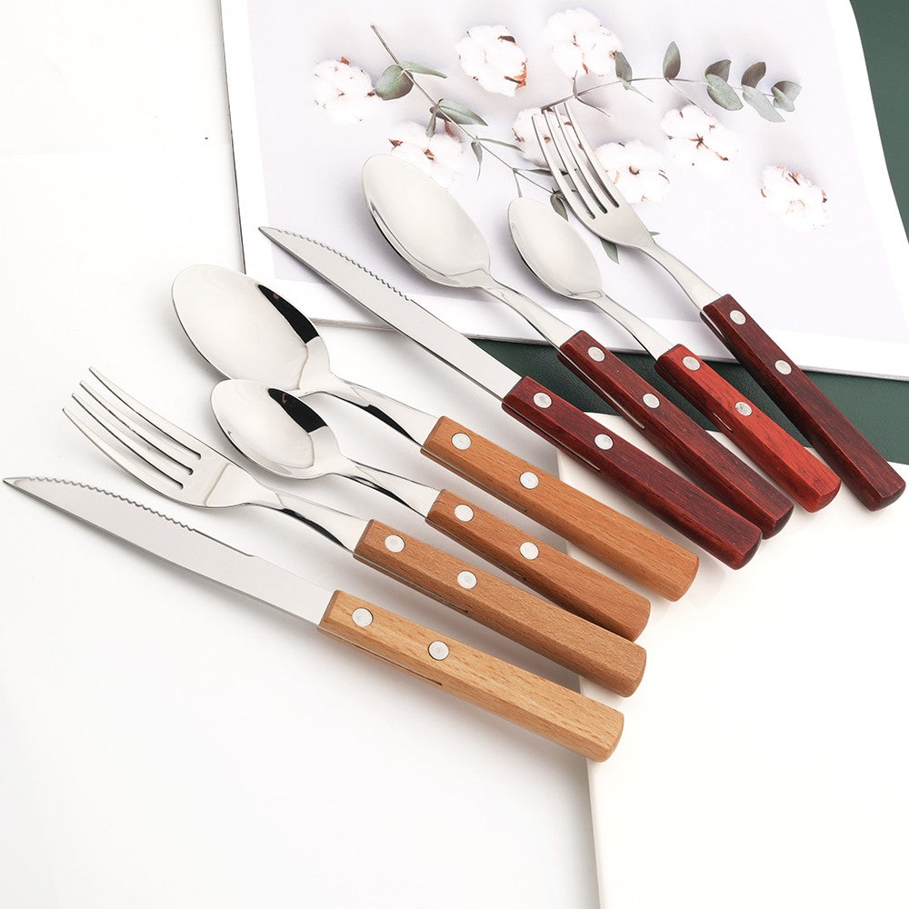 Conjunto de Talheres 6/10 Peças Cabo de Madeira Natural Facas de Carne Talheres Faca de Jantar de Aço Inoxidável Utensílios de Cozinha