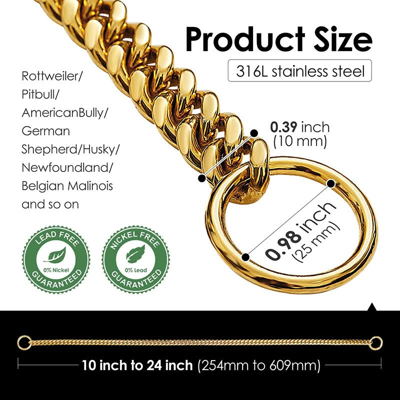 Coleira de corrente de aço inoxidável coleira grande de corrente para cães de metal cães elos médios elos pequenos de aço dourado cubano para passeio e adestramento