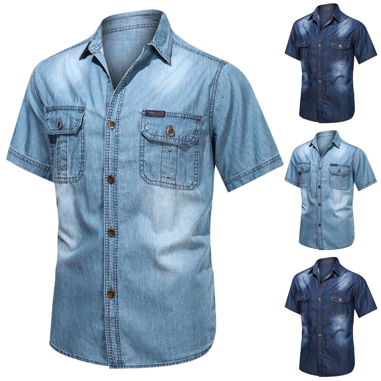 Men's Vintage Denim Cargo Shirts Summer Solid Short Sleeve Lapel Neck Multi Pockets Button Down Thin Casual Temperament Tops