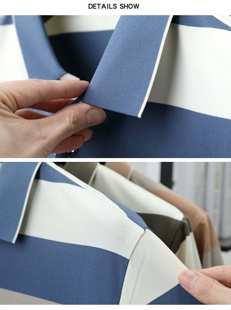 100% pure cotton fashion short sleeve polo shirt men's luxury brand embossed wide stripe color blocked summer casual lapel top