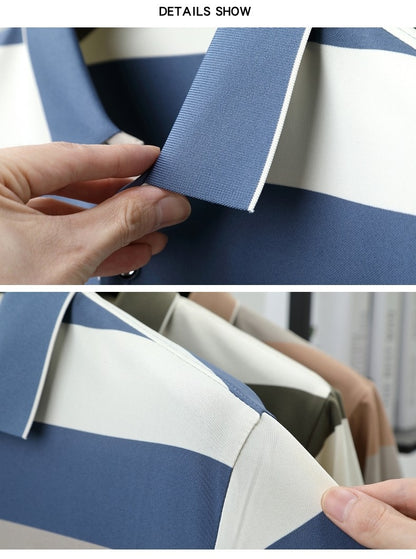 100% pure cotton fashion short sleeve polo shirt men's luxury brand embossed wide stripe color blocked summer casual lapel top