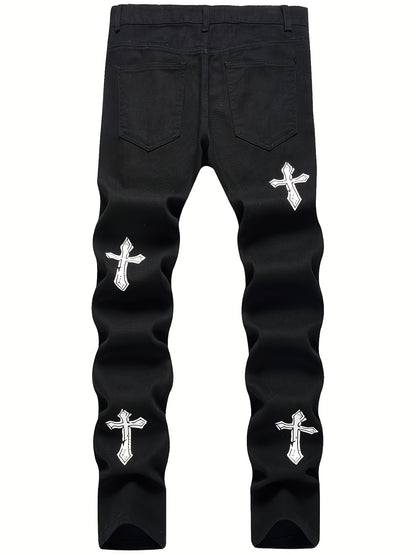 High street black youth cross print elastic hole patch tight jeans for men