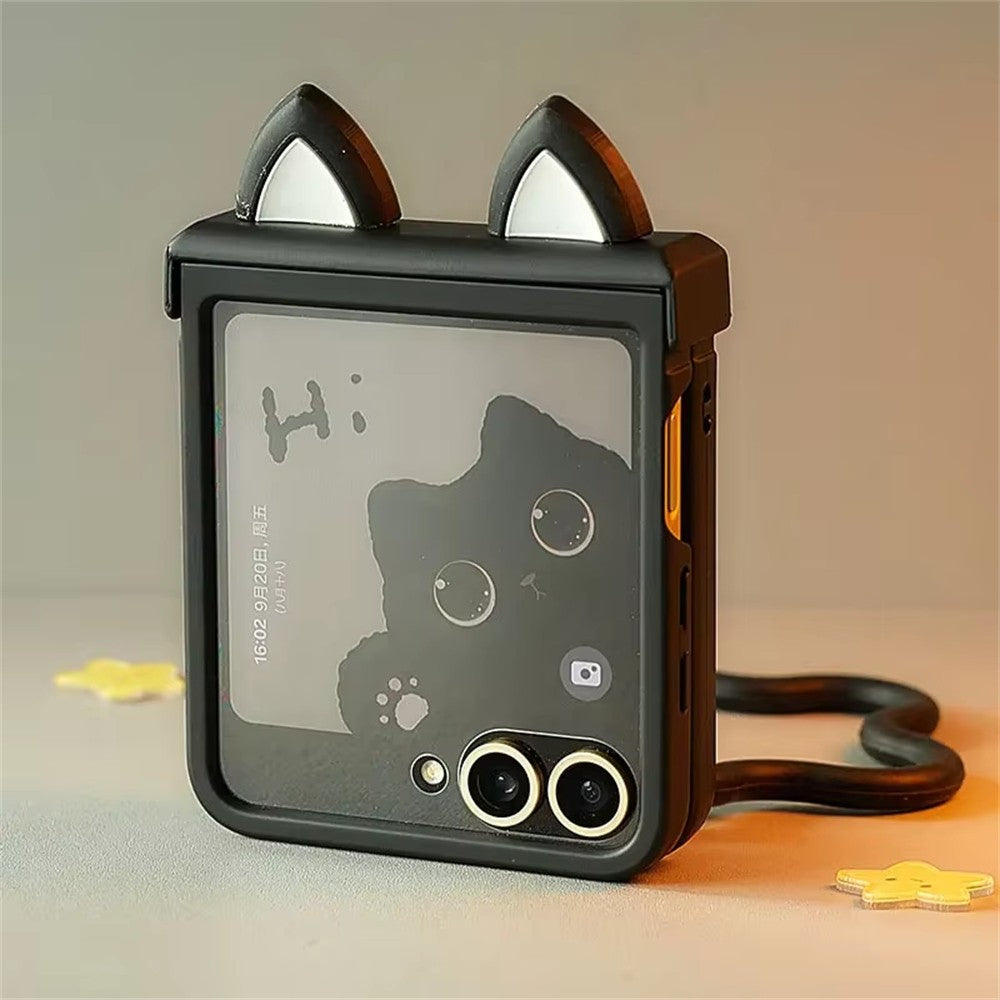 Capa de celular preta com orelhas de gato fofas Coreia Japão para Motorola Razr 60 50 Ultra Razr 40 Ultra para Samsung Galaxy Z Flip 7/6/5/4/3