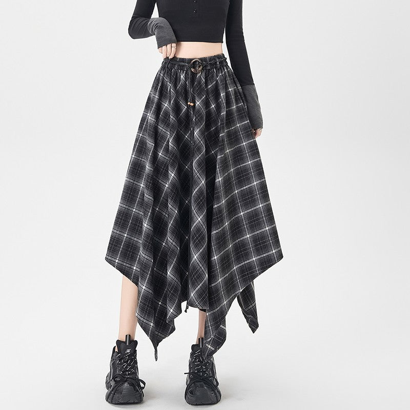 Women Skirt Plaid High Waisted Elastic A Line Mid Length Korean Style Fashion Retro Versatile Irregular Autumn Skirt