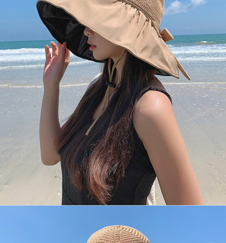 Summer Sun hat women's straw woven anti ultraviolet sun visor hat with big brim seaside black glue breathable Bucket hat sun hat