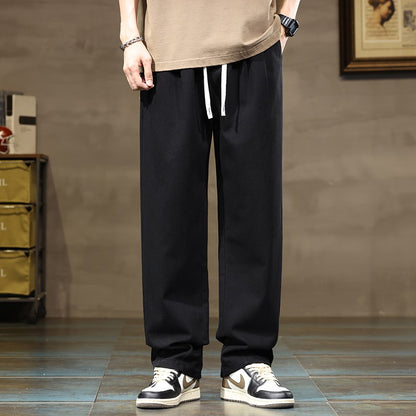 100% Cotton Men's Loose Wide Leg Pants Elastic Waist Fashion ArmyGreen Khaki Korean Streetwear Autumn Straight Trousers