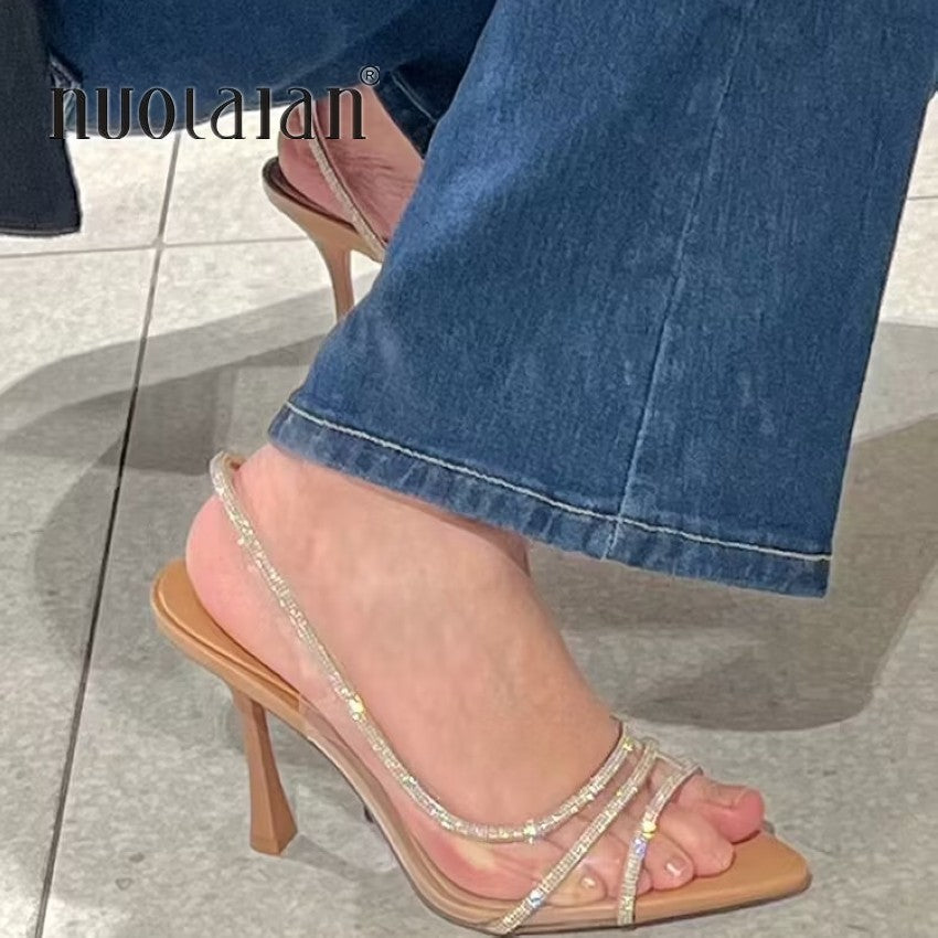 2025 Women Summer Rhinestone Slingback Pumps Office Lady Transparent Heeled Sandals Elegant Pointed Toe Female Sexy High Heels