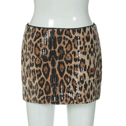 Dulzura Summer Latest Fashion Elegant High Waist Sequins Sexy Slim Leopard Print Short Skirt Party Club Street Clothes Wholesale