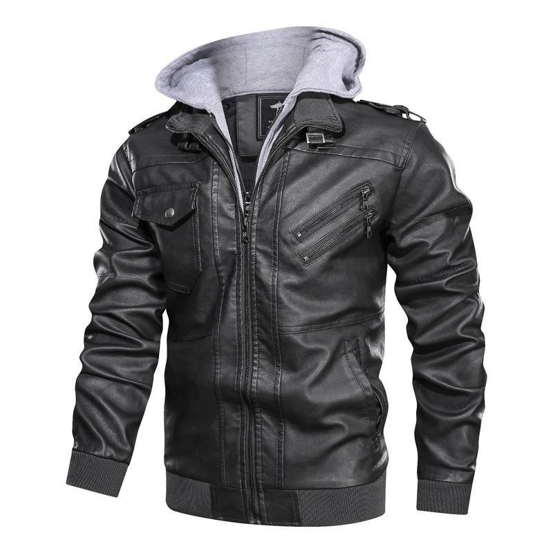 Spring Autumn Motorcycle Leather Jacket For Men Slim Fit Zipper Retro PU Coat Casual Fake Two Piece Hooded Leather Jacket