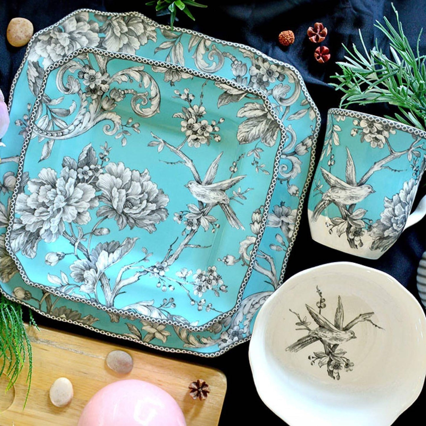 Adelaide 16-Piece Square Floral Dinnerware Set - Service for 4, Turquoise Porcelain Plate, Bowl & Mug Set, Chip Resistant, for E