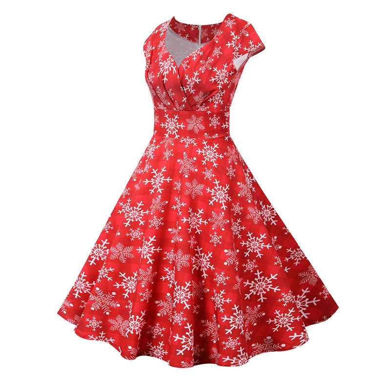 Fashion V-neck Short Sleeve Printed Christmas Dress Large Swing Vintage Elegant Xmas Party Dress