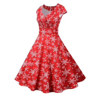 Fashion V-neck Short Sleeve Printed Christmas Dress Large Swing Vintage Elegant Xmas Party Dress