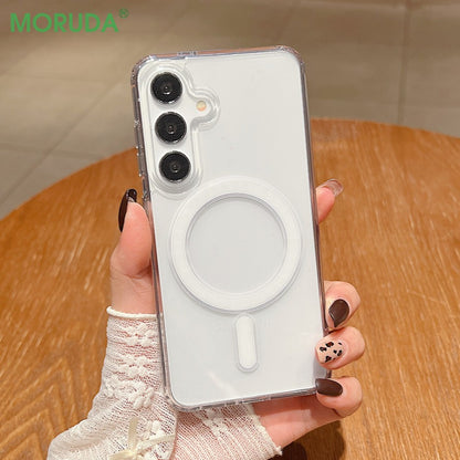 for Magsafe Magnetic Charge Phone Case For Samsung Galaxy S25 S24 S23 Ultra S22 Plus S21 FE A15 A35 A55 Clear Acrylic Slim Cover