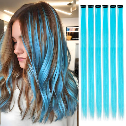 6 Pcs Clip Extensions, 24 Inch Colored Hair Extensions Party Highlights Long Straight Synthetic Hairpieces for Women Kids Girl