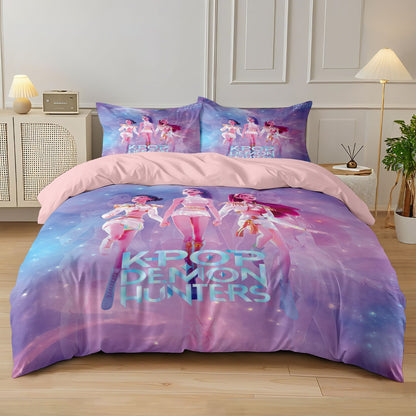 K-Pop Bedding Set Demon Hunters Themed pink or Black other side Print Polyester Student Dormitory  Duvet Cover Boys Girls Gift