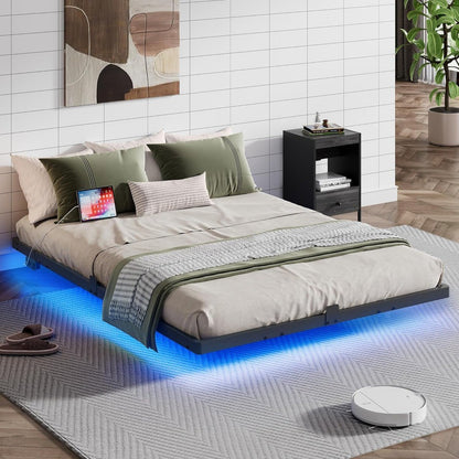 Floating LED Bed Frame with Charging Station | Heavy-Duty Metal Platform, Easy Assembly, No Noise