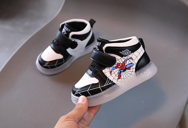 Disney Children's Sneakers Boys Girls Spiderman Led Light Sport Shoes Student Shoes Hook Anti-slip Kids Outdoor Basket Shoes
