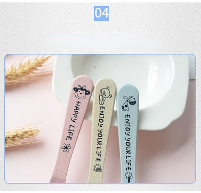 3-Piece Cute Divided Dining Plate for Children's Bowls Solid Color Fork Spoon Sucking Tableware Set with Wheat Material