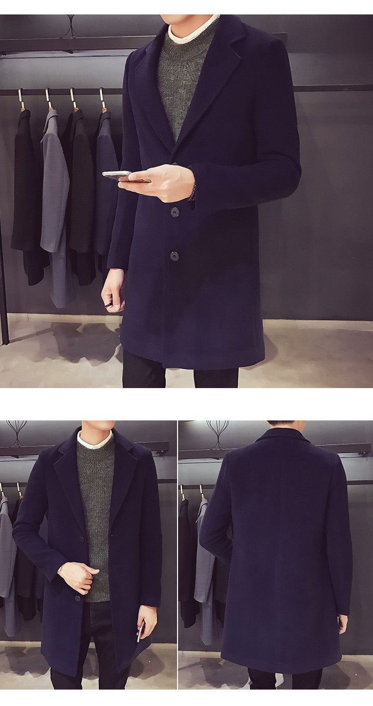 2024 Spring Autumn New Long Cotton Coat New Wool Blend Pure Color Casual Business Fashion Men's Clothing Slim Windbreaker Jacket