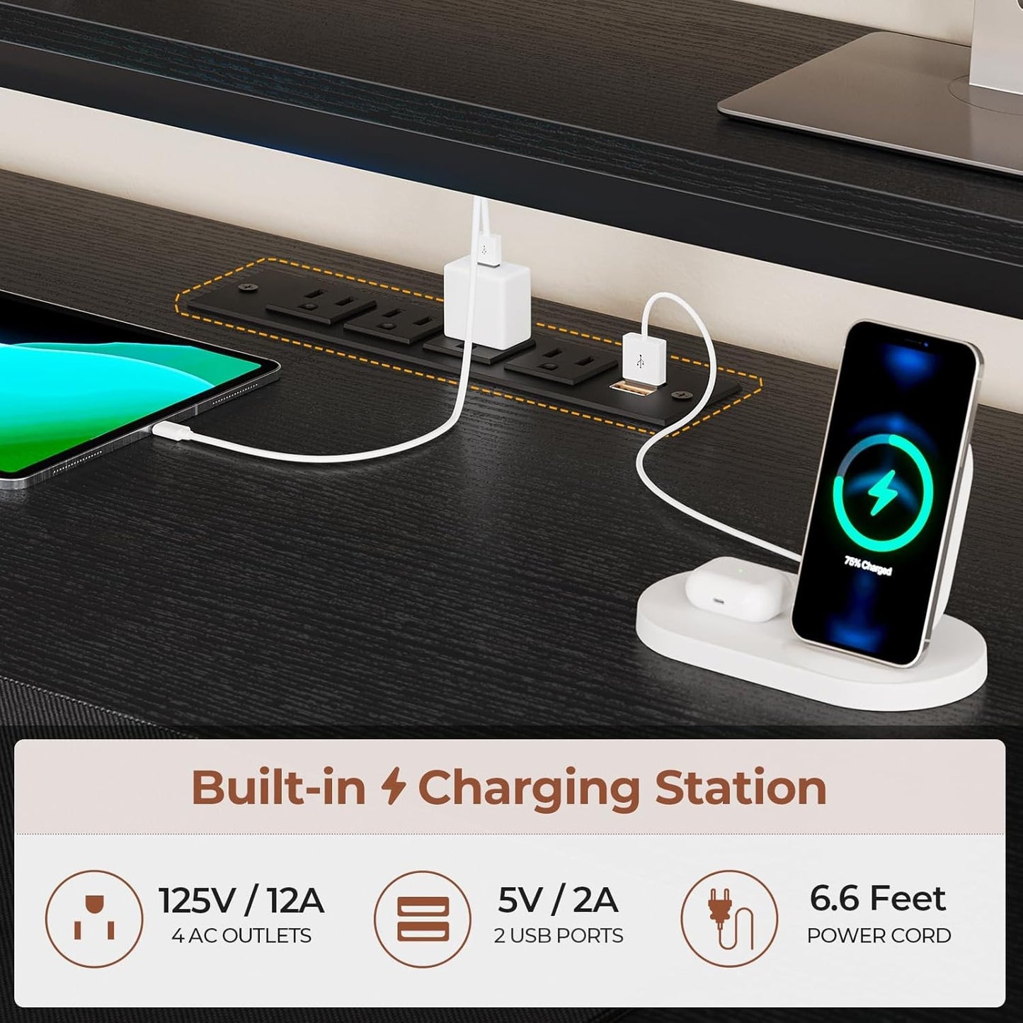 Gaming Desk with Hutch, 65in Reversible Computer Desk with Power Outlets LED Light, Home Office Desk with Monitor