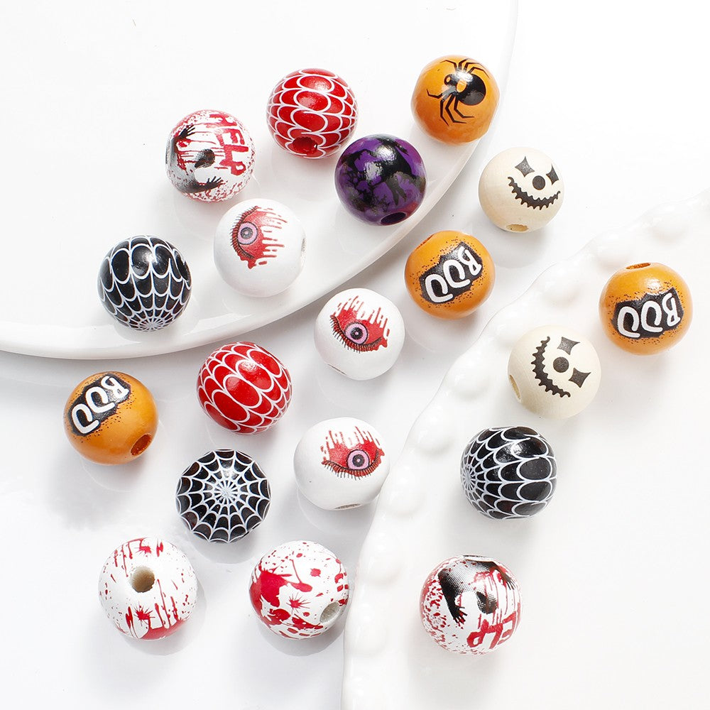 10pcs 16mm Wooden Spacer Beads Halloween Print Spider Eye Witch Bloodstain Ghost Face Mask Beads For Making Bracelet Necklace