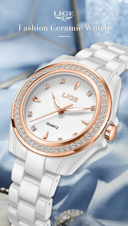 LIGE Fashion Elegant Watch for Women Ceramics Strap Diamond wristwatch Luxury Ladies Bracelet Quartz Watches Gifts Reloj Mujer
