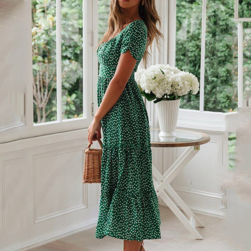 Vestidos Vintage Vintage Print Puff Sleeve summer Beach sweet dresses Casual Squ