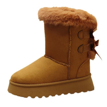 2024 Winter New Thick-soled Mid-tube Snow Boots Bow Furry Mouth Plus Fluffy Thick Cotton Boots Casual Everything