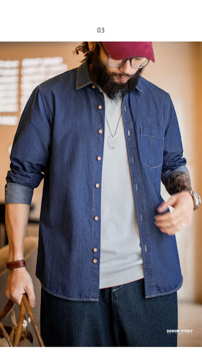 Maden Men Vintage Single Pocket Workwear Denim Shirt Long Sleeved Slim Fit Casual Shirt Single Breasted Turn-Down Collar Blouse