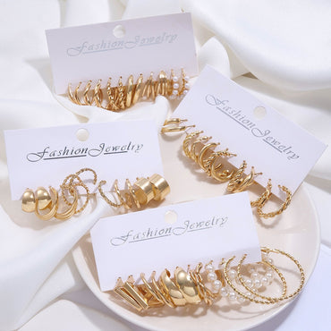 New 24 Pairs Earrings Set for Women Gold Color Bohemia Vintage Pearl Circle Geometric Hoop Earring Trendy Luxury Jewelry Gifts