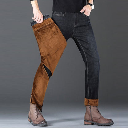 Men New Winter Warm Jeans Male Fleece Lined Thickened Denim Pants Loose Straight Cold Protection Casual Breathable Trousers