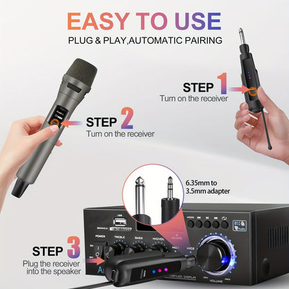 Sistema de microfone sem fio de 2,4 GHz com alcance de 30 metros – 2 microfones recarregáveis para karaokê, festas, casamentos | Plug & Play, som cristalino