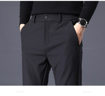 Winter Warm Men's Fleece Pants Thick Business Stretch Slim Fit Elastic Waist Jogger Korean Classic Black Gray Blue Trousers Male