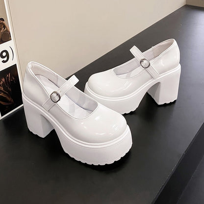 Sapatos femininos com salto plataforma grosso e alto, estilo Mary Jane, em couro PU, fivela no tornozelo, salto grosso, brancos, estilo Lolita, outono 2023