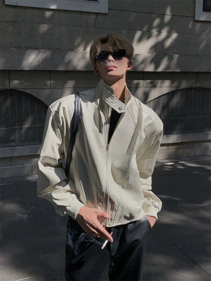 Stand Up Collar Design PU Leather Jacket Men's Retro Shoulder Pad Motorcycle Short Jacket Top