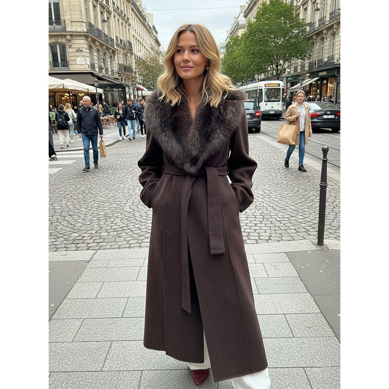 Solid Fur Collar Woolen Maxi Coat Women Fashion Lapel Full Sleeve Lace Up Pocket Loose Long Jacket Lady Autumn Daily Street Wear