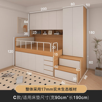 Cama de tatame infantil com baú, armário e estrado alto para quarto pequeno