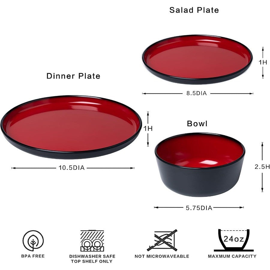 12Piece Modern Dinnerware Set Kitchen Plates and Bowls Sets Luxury 2 tone Red and Black Ceramic look Dish Set for 4.Christmas L
