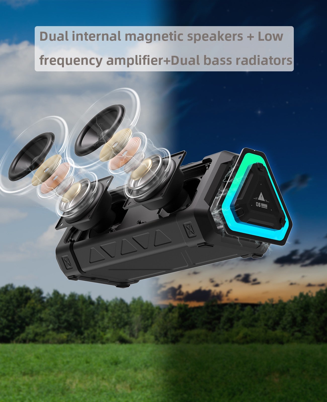 Caixa de som Bluetooth MLOVE P3 para ambientes externos, potência de saída de 40W, Bluetooth 5.3, som estéreo, à prova d'água IPX7, cartão Micro SD, luz RGB