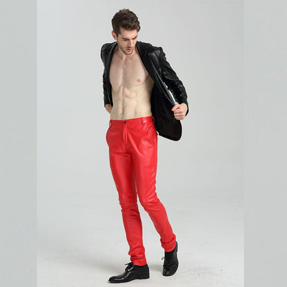 Men's Slim Fit Leather Pants Motorcycle Trendy Sle Long Trousers Thiened PU Fabric Summer Season Faionable Biker Pants