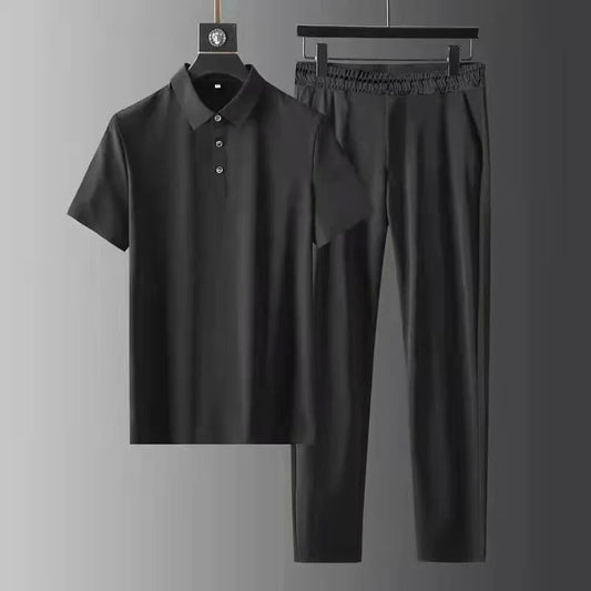 2025 Summer New Fashion Solid Color Comfortable Breathable Sports Suit Men's Business Leisure Loose Size Two-Piece Set M-4XL