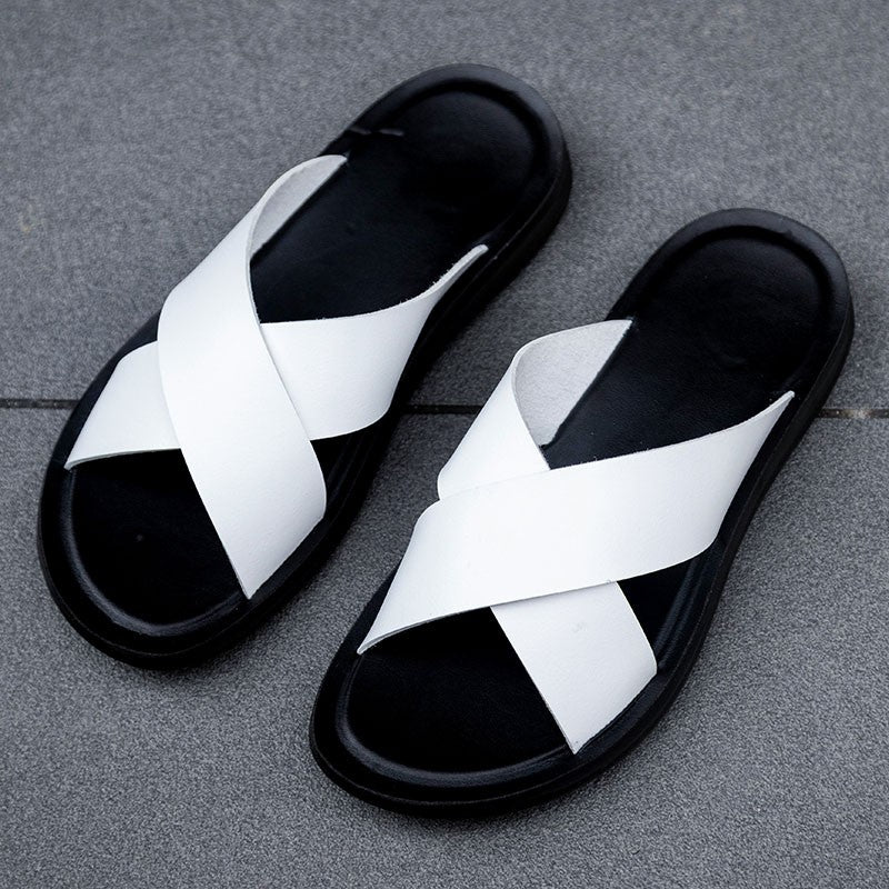 New Arrivals Italian Leather Slippers for Men Summer Hotel Beach High Quality Slip on Light Flats Male Flip Flops Big Size 38-47