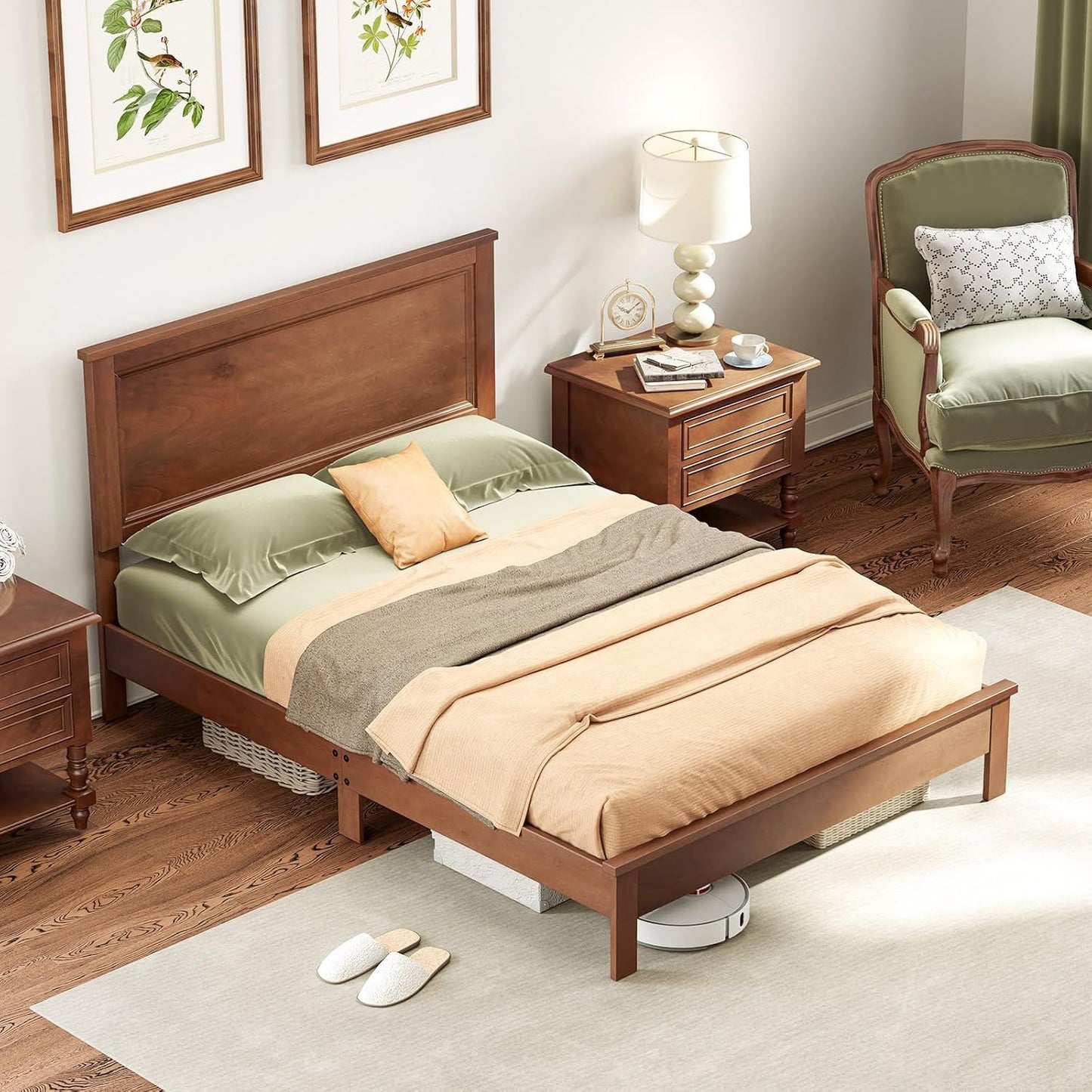 Cama de plataforma completa de madeira com cabeceira, Estrutura de cama de meados do século com pernas de madeira maciça e suporte de ripas de madeira, Pallet Be