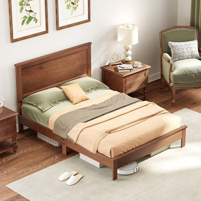 Cama de plataforma completa de madeira com cabeceira, Estrutura de cama de meados do século com pernas de madeira maciça e suporte de ripas de madeira, Pallet Be